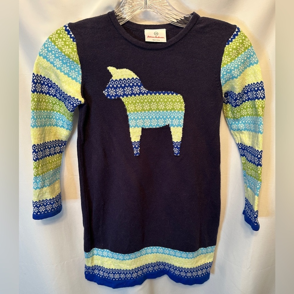 Hanna Andersson‎ Knit Dress Girls Size 120 US Size 6-7 Navy Green White Horse